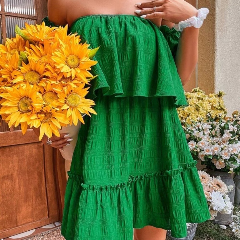 Boho Green  Off Shoulder Ruffle Hem Mini Dress - Picture 3 of 7